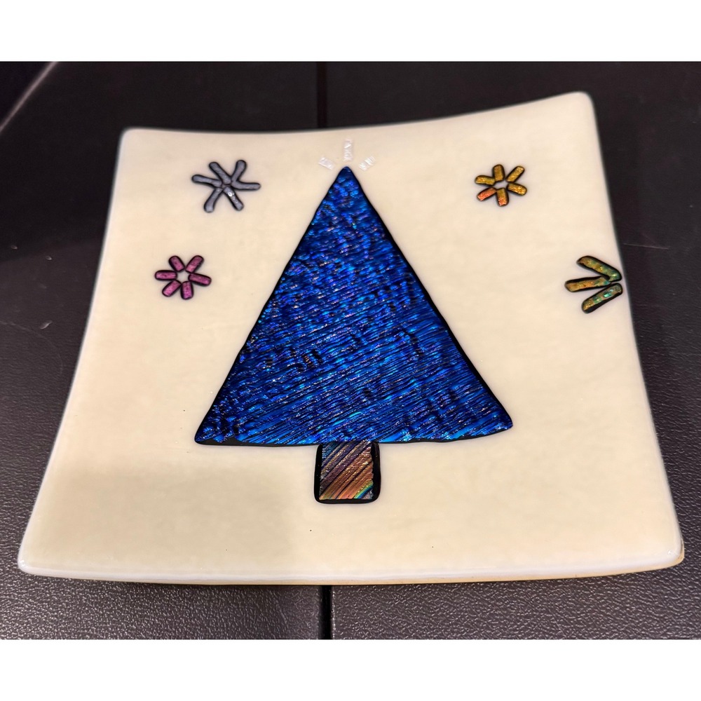 Fused Glass Plate Trinket Dish Tray White Blue Dichroic Christmas Tree Art